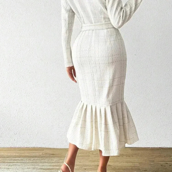 Women's Turn-Down Collar Long Sleeve Waistband Elegant Dress - Picture 6 of 7